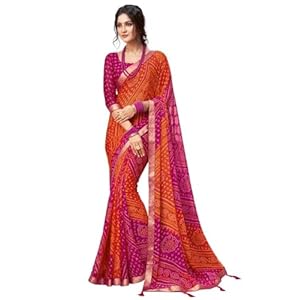Women’s Bandhani Printed Chiffon Saree With Blouse(2612S2080_) 5.5 Meters Orange & Red