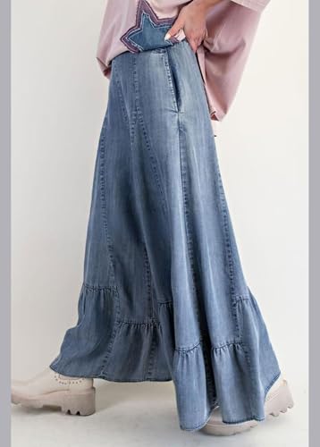 CHARTOU Women Wide Leg Baggy Patchwork Jeans Flowy Palazzo Ruffle Denim Flare Pants with Pockets3