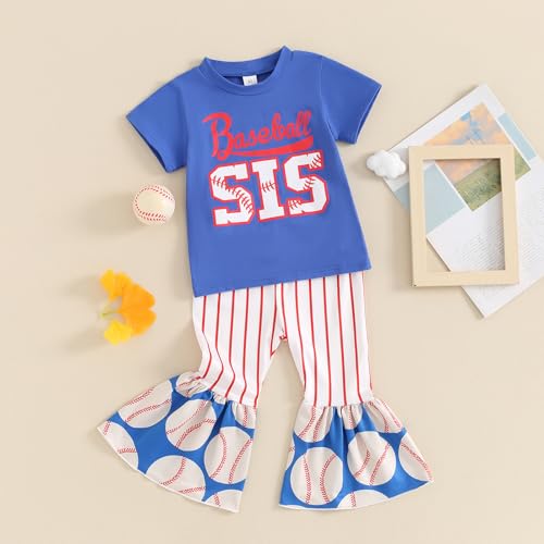 BULINGNA 2Pcs Toddler Baby Girl Summer Baseball Outfit Set Short Sleeve Baseball Sis T-Shirt Top and Striped Flare Pants3
