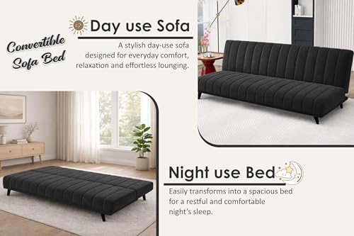 Image of Rosebell- Velvet Fabric Sofa Cum Bed 3-Seater Foldable Convertible Sofa, Modern Tufted Design Couch for Living Room, Guest Room & Office Black Color