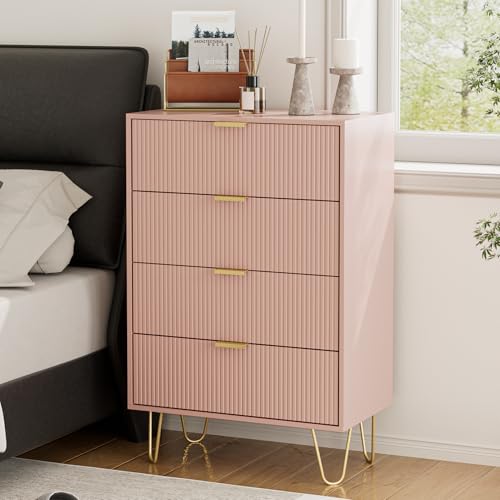 HEYZOEY Cómoda, aparador con 4 cajones, 34x60x91 cm, cajonera de madera con patas doradas, moderno aparador bohemio para dormitorio, pasillo, sala de estar, rosa
