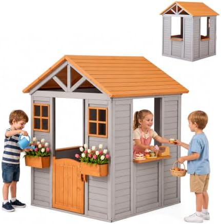 Wooden Kids Playhouse with Play Kitchen, Half Door Windows, Flowerpot Holders, Toys PlaySet for Backyard Play (Brown and Grey)