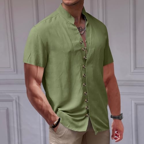 Men's Linen Shirt Short Sleeve Loose Solid Color Stand Collar Tee Buttons V Neck T-Shirts Beach Summer Vacation Shirts2