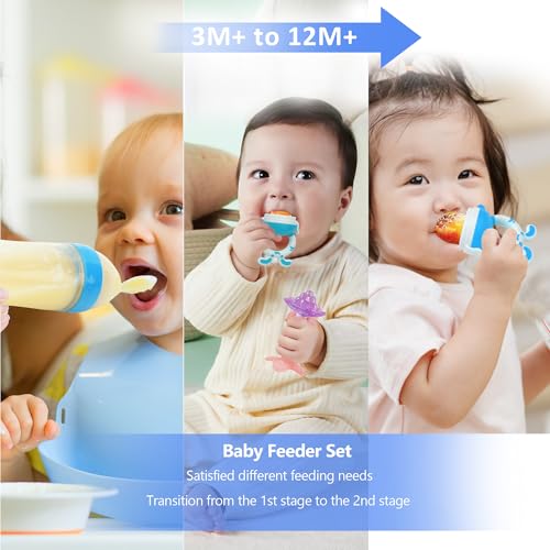 Image of WAJIAYON Baby Fruit Feeder Pacifier | 2 Infant Food Feeder Pacifier & Baby Food Dispensing Spoon | Mesh Fresh Fruit Teethers for Babies Teething Feeders | Shower Gifts for Boys and Girls (Blue)