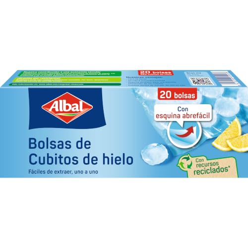 Albal Bolsas de cubitos de hielo - Bolsas para congelar y almacenar cubitos de hielo con válvula de cierre automático, fáciles de llenar y extraer, 70% material reciclado, sin BPA, 20 unidades