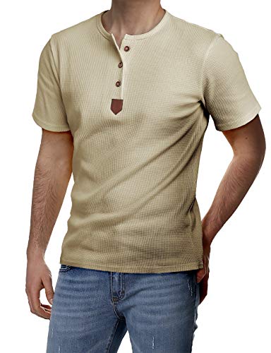 H2H Men's Classic Comfort Soft Snug Fit Short Sleeve Henley T-Shirt Tee Beige US S/Asia M (JDSK31)