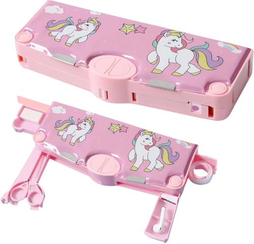 Image of LONGMIRE Plastic Multi-Functional Unicorn Theme Magnetic Pencil Box for Kids Compass Box for Girls Stationery Box Buttons Operated Pencil Box for Kids with Accessories (Multicolor)