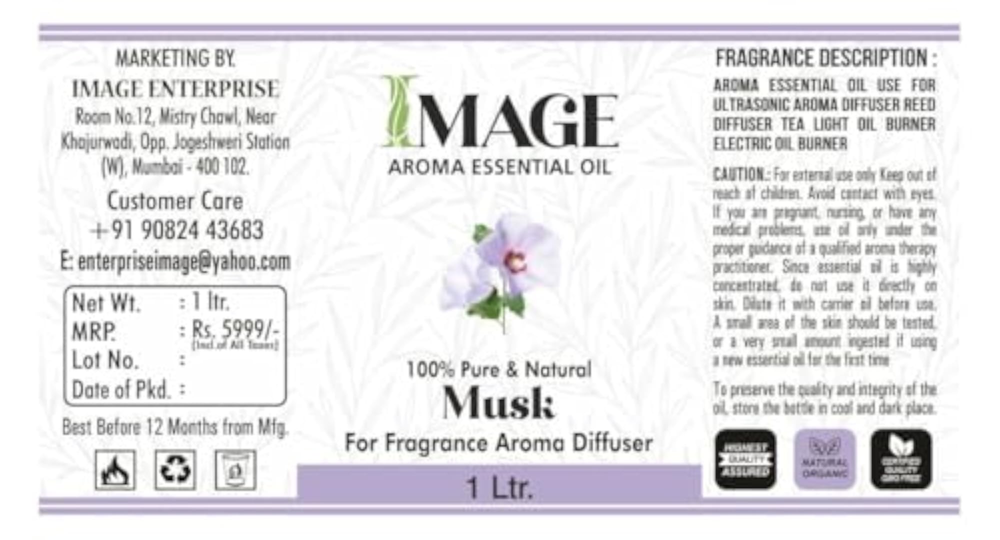 Natural Aroma Diffuser Fragrance Oil, Musk, 1LTR