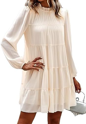 KIRUNDO 2023 Women's Long Sleeve Ruffle Mock Neck Tiered Mini Babydoll Dress Casual Swing Tunic Shift Dresses(Apricot, Large)