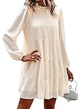 KIRUNDO Women's 2024 Summer Fall Long Sleeve Ruffle Mock Neck Tiered Mini Babydoll Dress Casual Flowy Swing Tunic Shift Dresses(Apricot, Large)