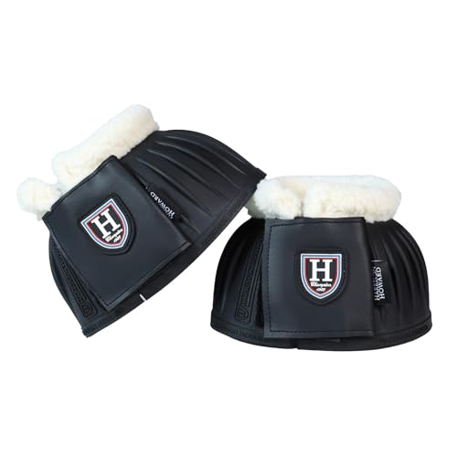 Image of Harrison Howard Rubber Pull-on Bell Boots with Fleece Lining and Extra-Large Leather Touch-Close Tape Hoof Overreach Protection for Horses Sold in Pairs Black L
