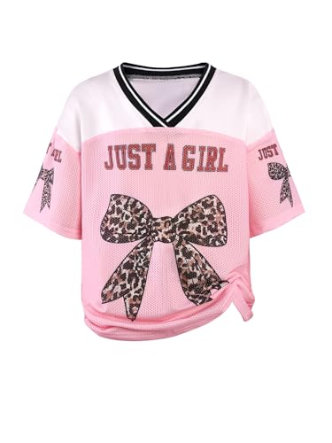 Ecolala Girls Jersey Shirts Oversized V-Neck Mesh Leopard Bow Graphic Tees Short Sleeve Summer Tops Streetwear Pink 11-12 Years