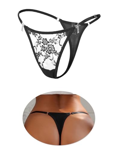 ohmydear Damen Spitze String Tanga mit Strass Niedrige Taille G-String T Back Höschen Sexy Unterwäsche für Frauen Atmungsaktiv Dünn Thong Schwarz L