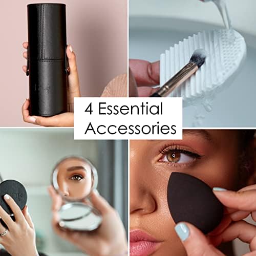 Lit Life Flawless 16-Piece Vegan Makeup Brush Set: 12 Professional Brushes, Holder/Travel Case, Beauty Blender, Brush Cleaner, Compact Mirror & Gift Box