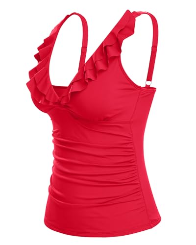 Image of Ruffle V Neck Tankini Top Only Women Tummy Control Swimsuit Tank Top | Removable cups for custom bust lift, Blend soft spandex to stretch easily