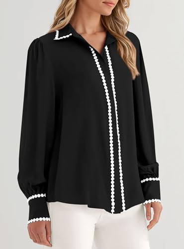 PRETTYGARDEN Womens Long Sleeve Button Down Shirts 2025 Trendy V Neck Loose Fit Fall Tops Collared Dressy Casual Blouses2