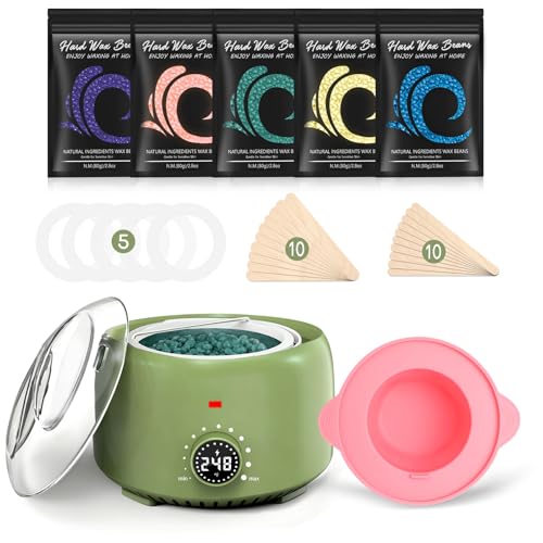 TIKESI Waxing Kit for Women and Men, Digital Wax Warmer with 14OZ 5 Bags Hard Wax Beads, at Home Wax kit for Full Body, Face, Eyebrows, Bikini, Legs, Brazilian &amp; Sensitive Skin
