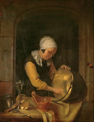 Tableau une vieille femme récurant un pot Schalken reproduction art moderne 60x90cm