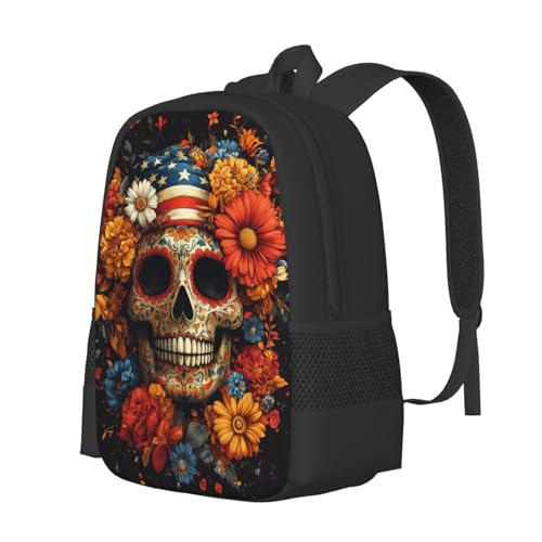 Image of Floral Skull Print Backpack For Men Women Lightweight Daypack For Daily Commutes Business Travel Hiking