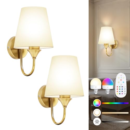 Battery Operated Wall Sconces Set of 2, Wireless Dimmable LED Wall Lights with Rechargeable 15 Colors Bulb & Remote, Timer & Flash/Smooth Light Mode, Bedroom Living Room Hallway Staircase Gold