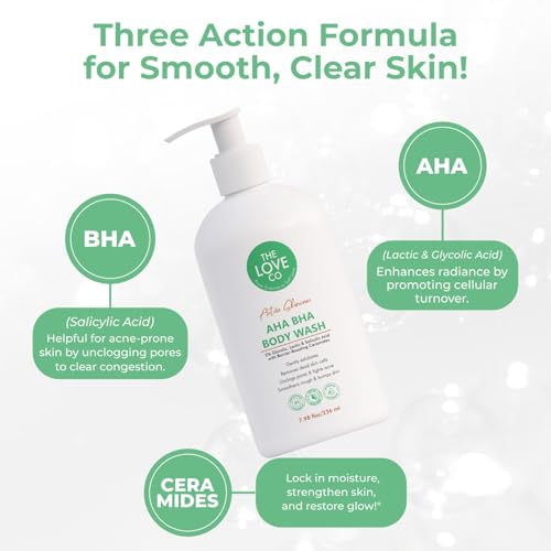 Image of THE LOVE CO. AHA BHA Body Wash 236ml | 5% Glycolic, Lactic & Salicylic Acid | Gently Exfoliates, Fights Acne & Unclogs Pores | With Barrier-Boosting Ceramides | Sulphate-Free | Unisex