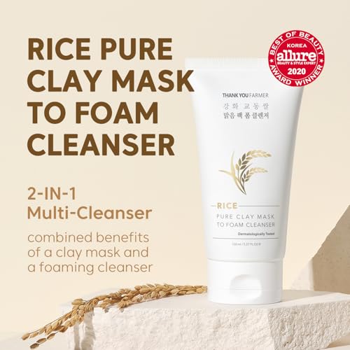 THANKYOU-FARMER-Rice-Pure-2-IN-1-Korean-Clay-Mask-to-Foam-Cleanser-527-floz-Removes-Excess-Oil-Removing-Dead-Skin-Cells-Soft-Skin-Pore-Purifying-Dermatologist-Tested-Korean-Face-Wash