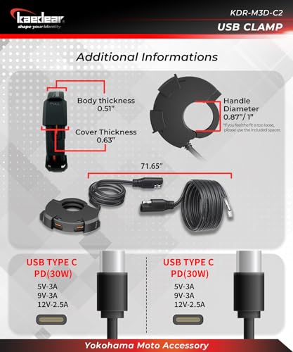 Image of KAEDEAR Dual USB-C Motorcycle Charger, 30W + 30W, KDR-M3D-C2 | dual USB-C ports, dual PD 30W output, water resistant, SAE DC 12V, clamp mounting, fast charging for two devices