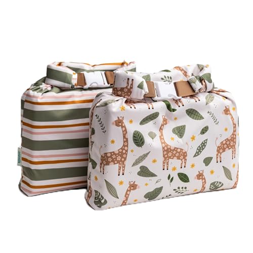 Image of Set of 2 Water Resistant Wet Bags for Storing Laundry or Cloth Diapers Travel Size Wet Bag Daycare Beach Pool Wet Swimsuit Roll Top for Air Tight Odor Contained Washable Reusable (Giraffes)