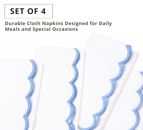 Image of PurpleEssences Scalloped Cloth Napkins 18x18 in - White Edges Light Blue