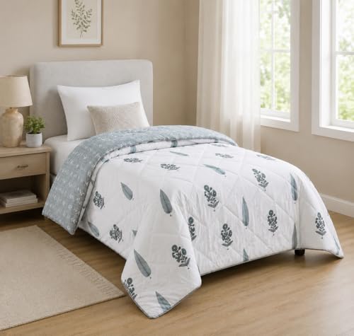 Image of RRC Jaipuri Beautiful Floral Print in White and Red Jaipuri Rajai /Razai /Quilt Single Bed Quilt /Comforter /Ac Quilt /Ac Comforter, Cotton, Lightweight Pack of 1, 200 GSM