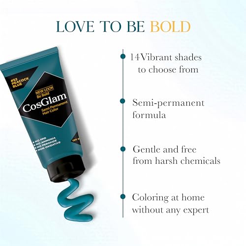 Image of Cosglam Semi Permanent Hair Color - Peacock Blue (#52) for Women & Men (120g) | Vegan Colorful Hair Dye | No Ammonia, No Peroxide | Non-Oxidative | Conditioner Enriched Glossy Finish