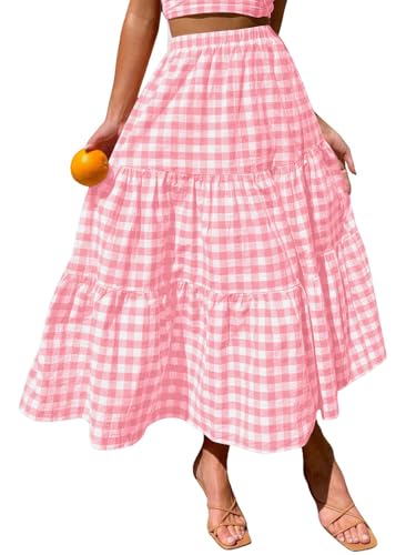 ebossy Women's Candy Color Slim Fit Elastic High Waist Plaid Gingham Tiered Flowy Boho Maxi Skirts with Pockets