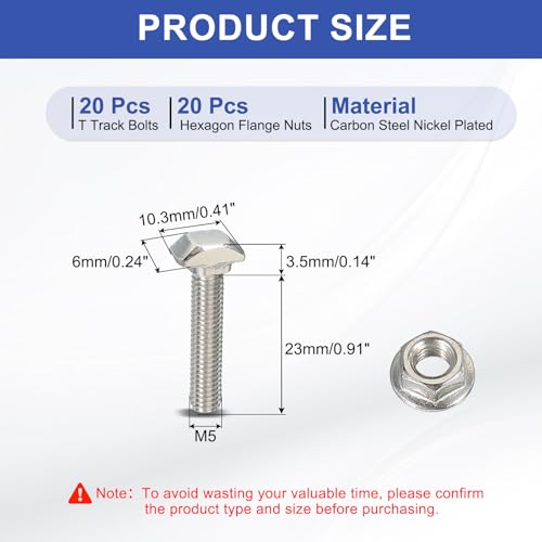Image of PATIKIL M5 x 25 mm T-Slot Bolts, 20 Sets Drop-in Bolt Hammer Head with Hexagon Flange Nuts T-Bolt Stud Sliding Screw for 20 Series Aluminum Extrusion Profile, Silver