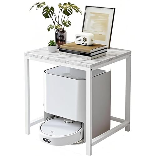 サイドテーブル 掃除ロボット収納台 一体型ラック 水槽 観葉植物 プロジェクター対応 リビング収納 デスク上収納 木製 天板付き おしゃれ シンプル 北欧風 (ホワイト+ホワイト, 40*50*53cm)