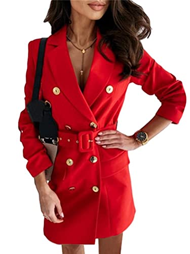 ORANDESIGNE Gestreift Zweireiher V-Ausschnitt Langarm Minikleid Blazerkleid Büro Kleider Damen Elegant Solide Kariert Hemdkleid Business Slim Fit...