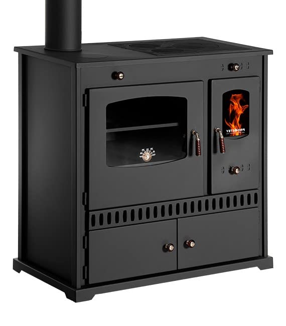 Prometey EEK A+ Kaminofen mit Backfach und Herdplatte Perfect Eco Schwarz Rechts Holzofen 7 kW Kamin Ofen Holz Werkstattofen Hüttenofen Heizofen Gartenofen, L