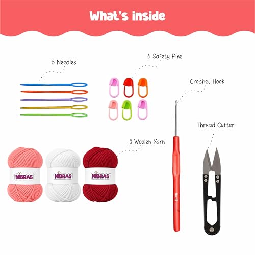 Image of Nibras DIY Crochet Kit for Beginners | Complete Crochet Supplies with Acrylic Yarn, Hook, Needle & Accessories (Set of 3 Yarn)