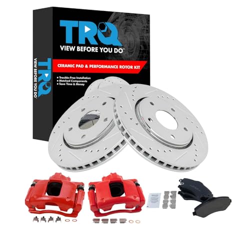 Image of TRQ Performance Front Brake Pad & Rotor Set Ceramic Coated Drilled Slotted | For 08-12 Chrysler Town & Country Dodge Grand Caravan 2012 Ram Cargo Van 09-12 Volkswagen Routan