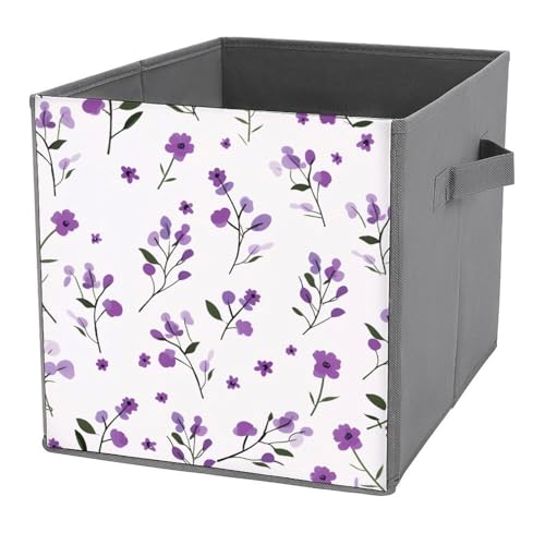 Jubonexis Pequeños cubos de almacenamiento de flores moradas, cubos de almacenamiento, plegables, decorativas, de tela, organizadores del hogar con asas para estantes, armario, 27 x 27 cm