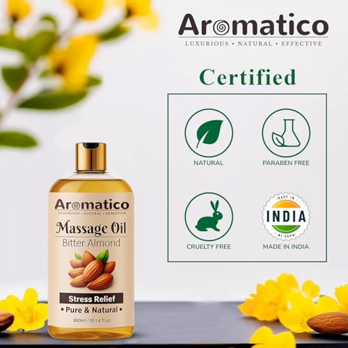 Image of AROMATICO Almond Massage Oil. Hydrates & nourishes skin, soothes irritation, improves texture & promotes relaxation - 300ml. Rich in vitamins & essential fatty acids, enhances circulation.