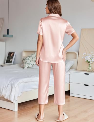 Image of Ekouaer Womens Satin Silky Capri Pajamas Short Sleeve Button Down Sleepwear