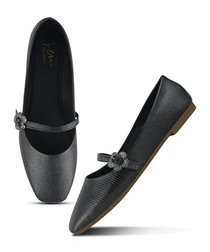 Image of JM LOOKS Elegant Textured Metallic Mary Jane Flats with Floral Buckle Detail and Comfortable Low Profile Sole