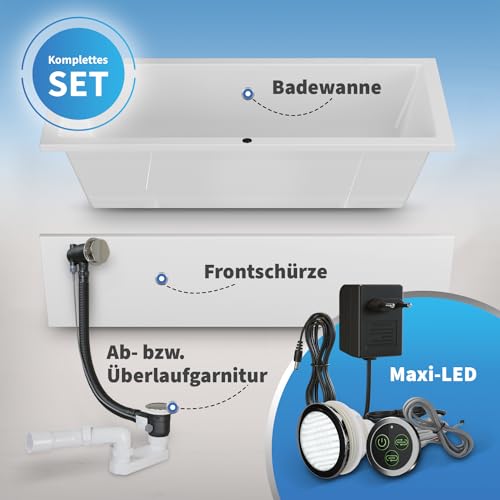 AQUADE Acryl Badewanne 180x80 Modell: Ulm - Weiß Badewanne Komplettset 180x80 - Badewannen mit Wannenfüßen + Schürze + Led – Bild 4