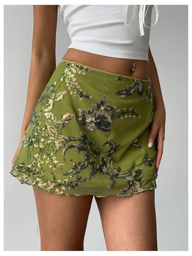 MakeMeChic Women's Sequin Skirt Summer Floral Mesh Glitter Sparkly Mini Skirt4