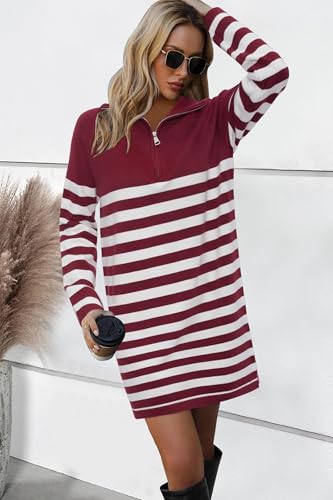 Newshows Women's Winter Sweater Dress 2025 Striped Long Sleeve Lapel Collar Chunky Knit Slouchy Oversized Fall Sweaters3
