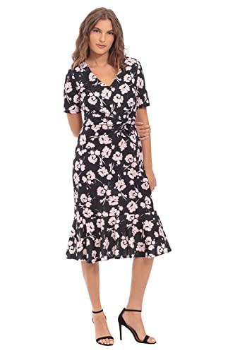 Image of London Times Women's V-Neck Dress - Flounce Hem, Twist Waist, Elegant Office & Event Wear