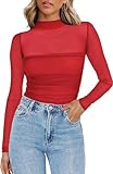 Zeagoo Women's Sexy Mock Turtle Neck Long Sleeve Tops Sheer Mesh Ruched Trendy Going Out Shirts Blouse Wine Red