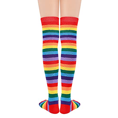 Zando Rainbow Socks Halloween Socks Women Striped Socks Cosplay Thigh High Socks Plus Size Thigh High Stockings Kawaii Leg Warmers Extra Long Socks Warm Knee High Socks K 1 Pair Red Rainbow One Size #TOP2