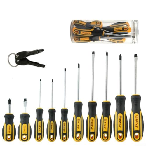 FACULX Juego de destornilladores magnéticos de acero al cromo vanadio de grado profesional de 10 piezas y ranurados con asas ergonómicas TPR para reparación del hogar (12 piezas)