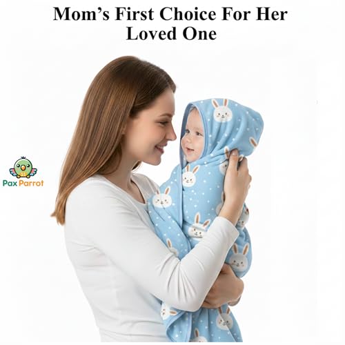 Image of Ultra-Soft Baby Hooded Blanket | Newborn Baby Wrapping | Coral Fleece Material Hypoallergenic | Towel Cum Blanket with Teddy Design (0-3Years) (Light Blue)
